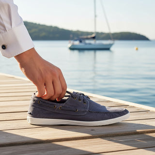 Zapatos náuticos Beviá de lona azul marino para hombre, con cordones y ojales metálicos.