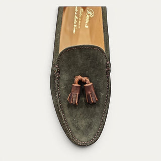Mocasín de ante verde con borlas para hombre Beviá vista superior, zapato artesanal de piel fabricado en España